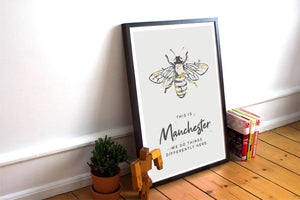 Grey Watercolour Manchester Bee Print Photo With 'We Do Things Differently'