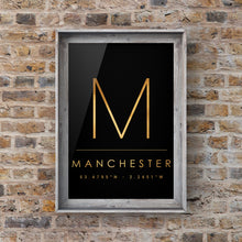 Load image into Gallery viewer, Black &amp; Gold Manchester &#39;M&#39; and Co Ordinates Print Photo
