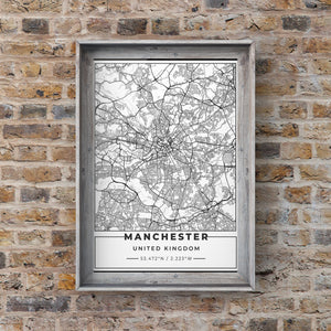 White Manchester Road Map with Coordinates Print Photo