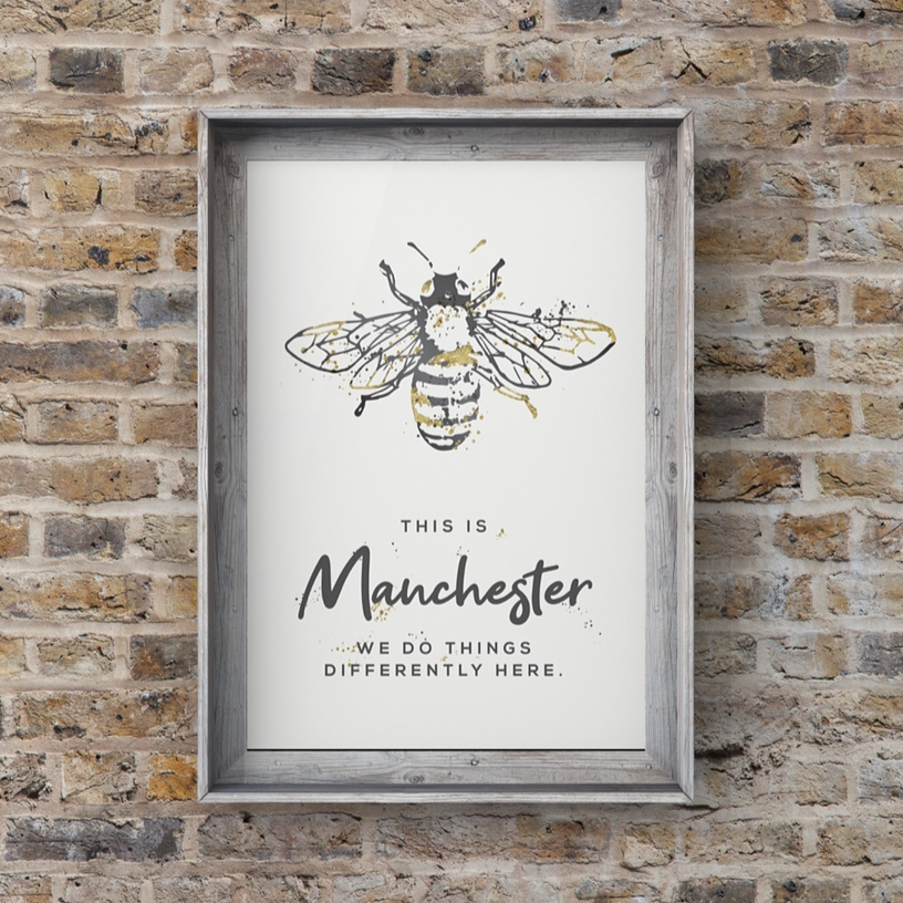 Grey Watercolour Manchester Bee Print Photo With 'We Do Things Differently'