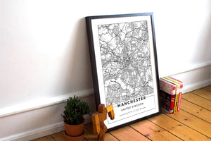 White Manchester Road Map with Coordinates Print Photo