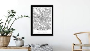 White Manchester Road Map with Coordinates Print Photo